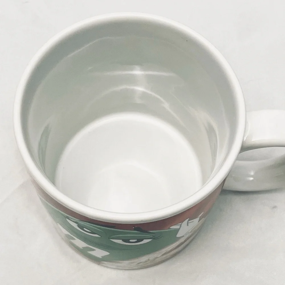 Coffee Mug - Green M&M, White Feather Boa and Pink Rose, EUC